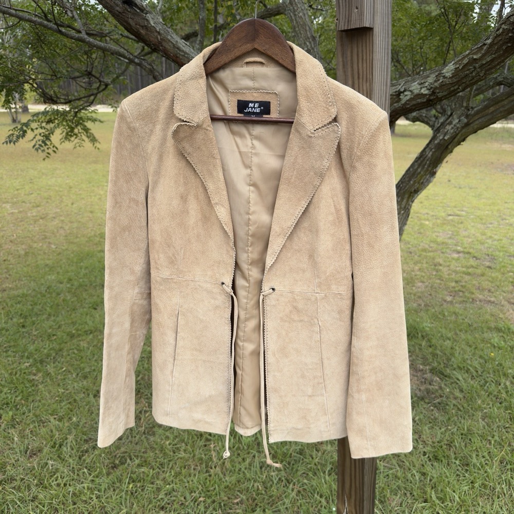Me Jane Blazer Jacket Women Medium Leather Tan Scalloped Hem Fitted Boho Tie 70s